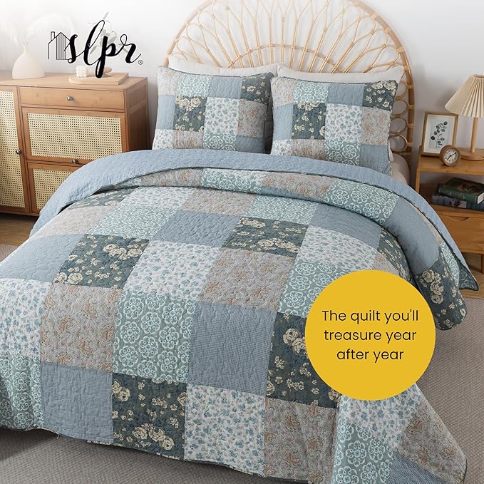SLPR Wildflowers Cotton Quilt Set - Twin Size with 1 Sham, Blue Gray Floral Pieced Patchwork Design, Country Quilted Bedspread with Flower Pattern, Cottage Style Bedding for All Seasons