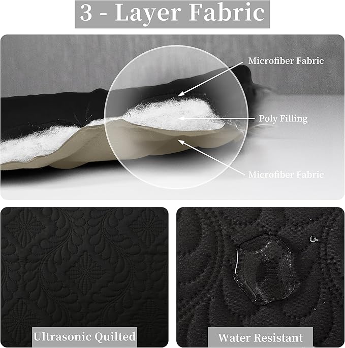 Easy-Going King Size Reversible Quilt Set with 1 Quilt and 2 Pillow Shams, Soft Bed Quilt Cover, Water Resistant Lightweight Microfiber Bedspread, Stain Resistant, Olive Leaf-Black/Beige