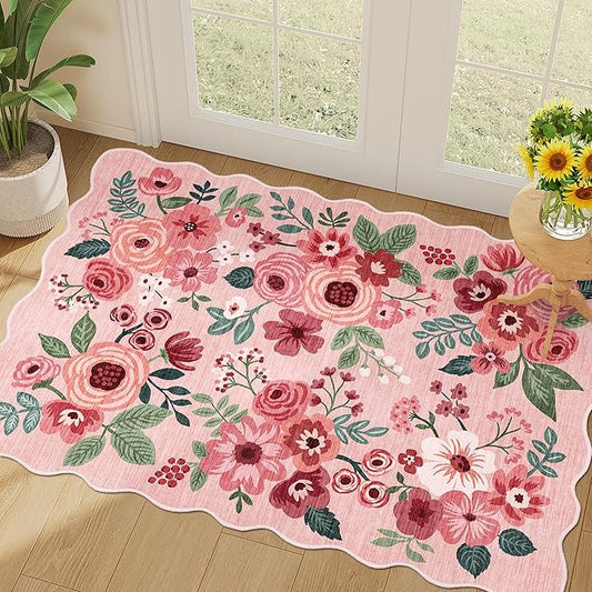 DUKINO 2x3 Entryway Rug, Floral Washable Indoor Door Mat with Non-Slip Backing, Soft Low Pile Small Front Door Throw Rugs for Entryway, Kitchen, Bedroom, Laundry, Bathroom,Pink