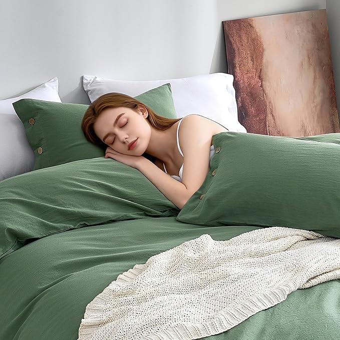 JELLYMONI 100% Washed Cotton Standard Pillowcases Set, 2 Pack Linen-Like Texture Breathable Pillow Covers with Button Closure,Dusty Green Standard 20"×26"(Pillows are not Included)
