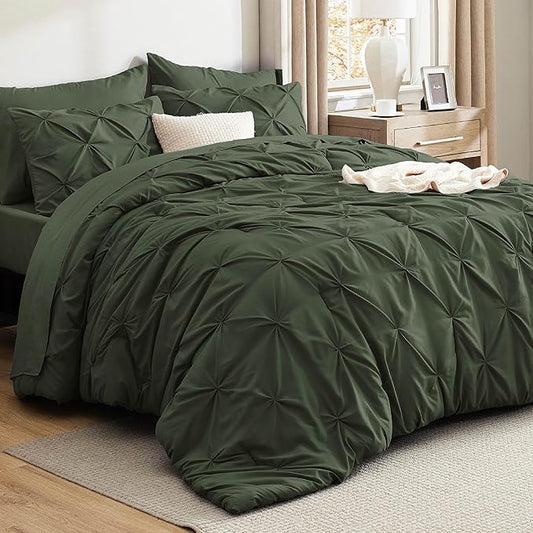 Bedsure Oversized Queen Comforter Set Olive Green - Bed in a Bag Bedding Set 7 PCS, GentleSoft™ Pintuck Bed Set Gift for Family, Pinch Pleat All Season Comforter with Sheets, Pillowcases & Shams