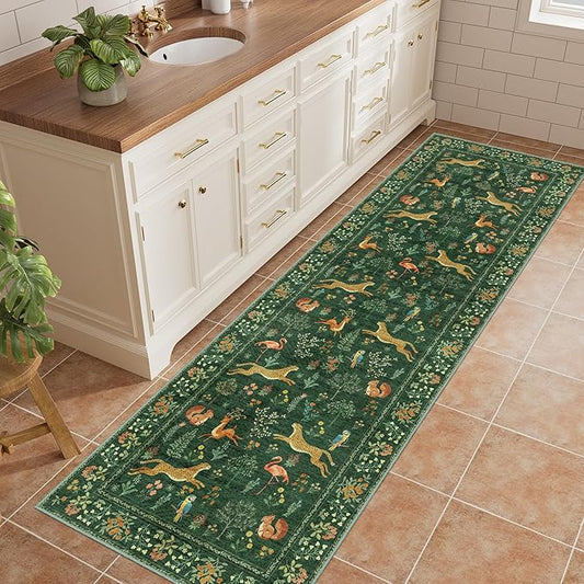 DUKINO 2x10 Rug for Hallway, Washable Kitchen Runner Rug with Non Slip Backing, Soft Low Pile Vintage Animal Runner for Bedroom, Kitchen, Hallway, Entryway, Laundry, Green