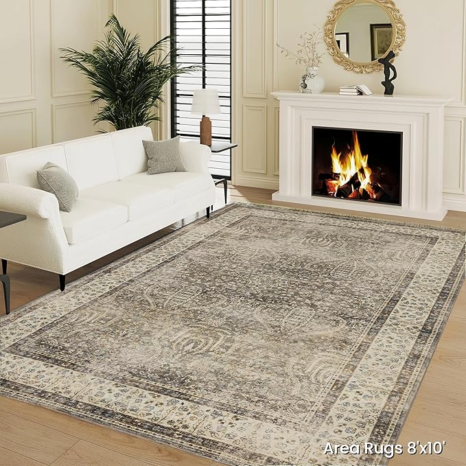 RCTJHOME 8'x10' Washable Area Rugs for Standard Sofa Living Room/Queen Bedroom, Ultra Soft Non-Slip Accent Large Carpet, Dining Room, Home Office, Low Pile Vintage Rug Retro Golden Brown Multi