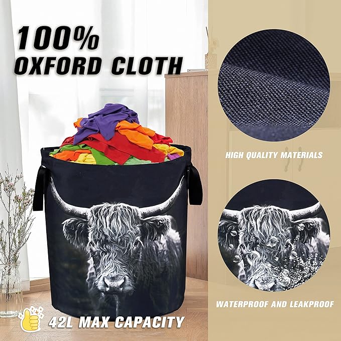 Highland Cow Laundry Basket Animal Foldable Oxford Cloth Funny Tote Bag Laundry Hamper Clothes Storage Bucket Organizer For Bathroom/Laundry Storage/Bedroom Storage Basket 17.7x13.7Inch