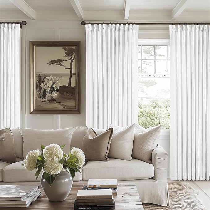 Extra Wide Pinch Pleated Linen Curtains 84 Inches Long 70 Inch Width for Living Room Bedroom Light Filtering Semi Sheer Pleat Window Curtain Boho Pinch Pleated Drape with Hooks Rings 1 Panel 70x84