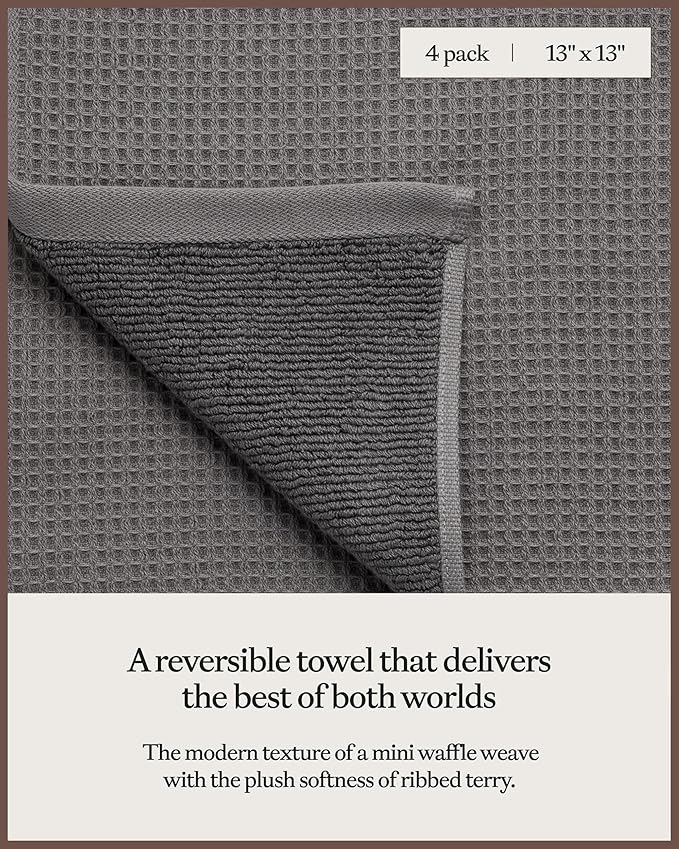 Cozy Earth Waffle Washcloths - 60% Cotton 40% Viscose from Bamboo Washcloths 13 x 13 Inches - Soft & Absorbent Terry, Reversible Mini Textured Waffle & Weave Pattern - 4 Pack