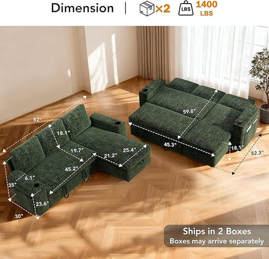 Sunny Heart L-Shaped Sleeper Sofa with Pull Out Bed, 82" Sectional Couch with Reclining Backrest, Reversible Storage Chaise, Armrest Storage, Cup Holders, Side Pockets, Tool-Free Assembly, Green