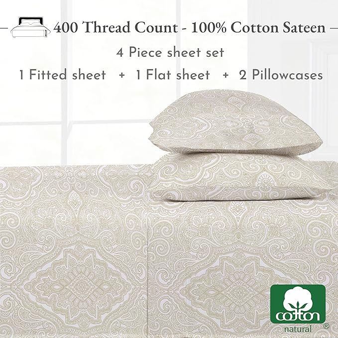 California Design Den Queen Sheet Set - 400 Thread Count Sateen, Deep Pocket Natural 100% Cotton Sheets, Deep Pocket and Durable Bedding - Paisley Pattern, Beige CaliforniaDesignDen