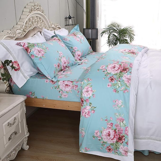 FADFAY Shabby Pink Floral Bed Sheet Set 100% Cotton Deep Pocket 4-Piece Twin Size