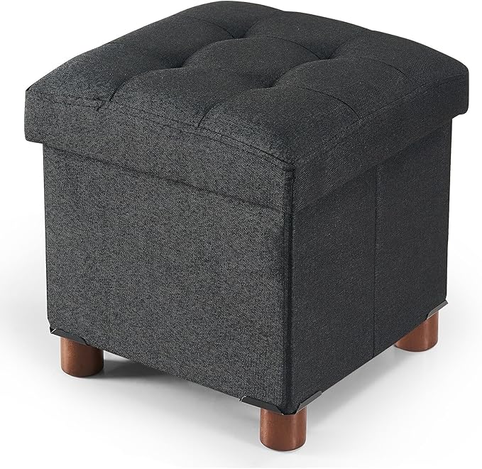 BRIAN & DANY Small Ottoman with Storage, Small Storage Ottoman, Folding Foot Stool with Wood Legs for Living Room and Bedroom Linen Rest Seat, 12.6"x12.6"x12.8" - Black