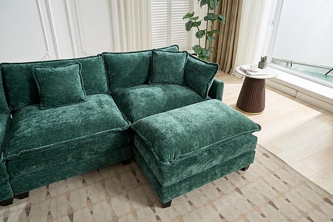 SoarFlash 149.61" Chenille Sectional Sofa, Comfy L Shaped Modular Coush Sofa with Ottoman, Modern 4 Seat Couch Deep Seat Sofa Set for Living Room,Green