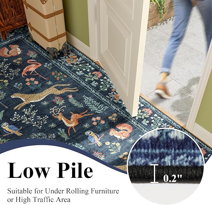 DUKINO 9x12 Rug, Washable Animal Living Room Rug with Non Slip Vintage Design, Soft Low Pile Large Carpet for Bedroom, Nursery, Dining Room, Farmhouse, Playroom, Navy Blue