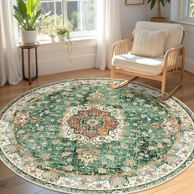 Green Round Rug 5ft, Circle Boho Area Rugs for Bedroom Living Room Bedside,Washable Vintage Bohemian Distressed Oriental Floral Carpet Non Slip,Retro Sage Floral