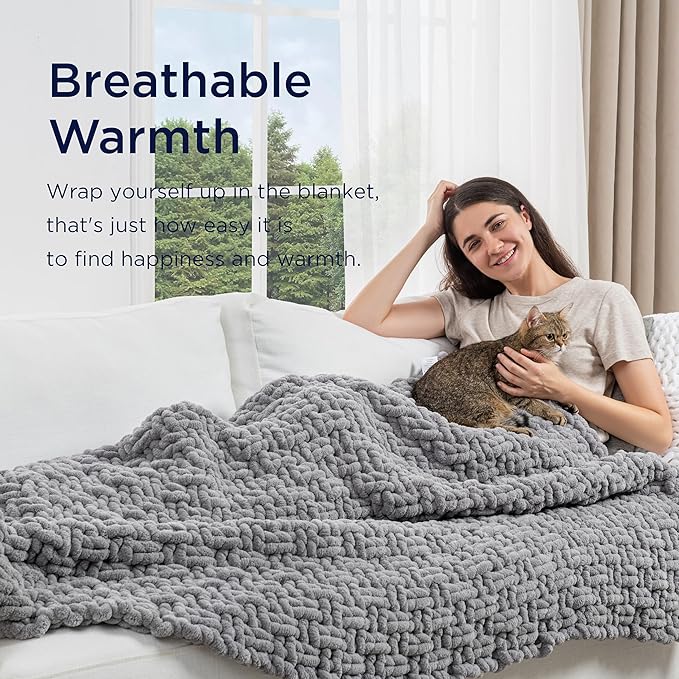 Maetoow Handmade 12 lb Soft Knitted Weighted Blanket, 48 x 72 Inch Breathable Chunky Knit Gravity Blanket Throw, Home Decor for Sofa Couch Bed, Light Grey