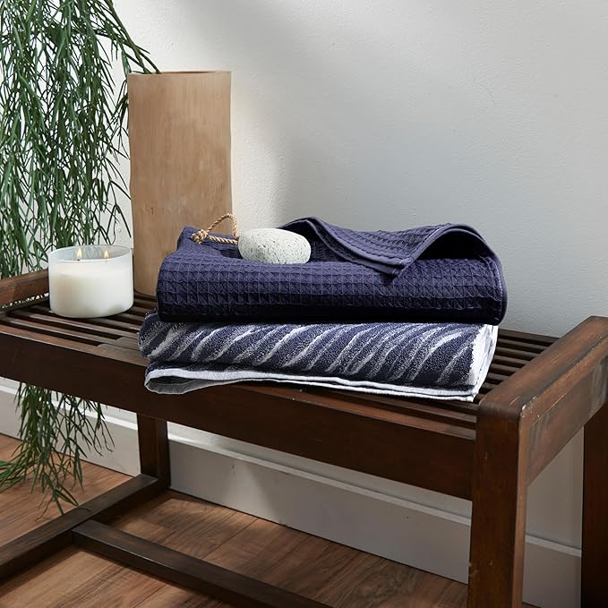 UCHINO Waffle Twist Cotton Weave Hand Towel for Bathroom Lightweight Absorbent Quick Dry Honeycomb Texture Solid Terry Loop Reverse 20" x 30", 1 Hand Towel, Indigo