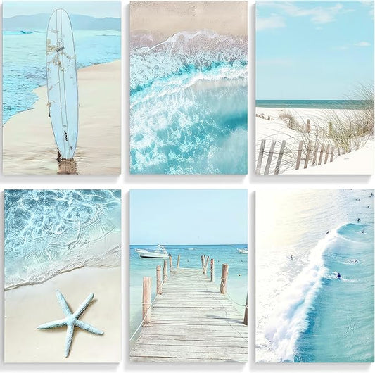 6Pcs Blue Seascape Beach Wall Art Summer Tropical Ocean Coastal Canvas Wall Decor Starfish Bridge Boat Surfboard Painting Prints Surfers Pictures Trendy College Preppy Dorm Posters Unframed
