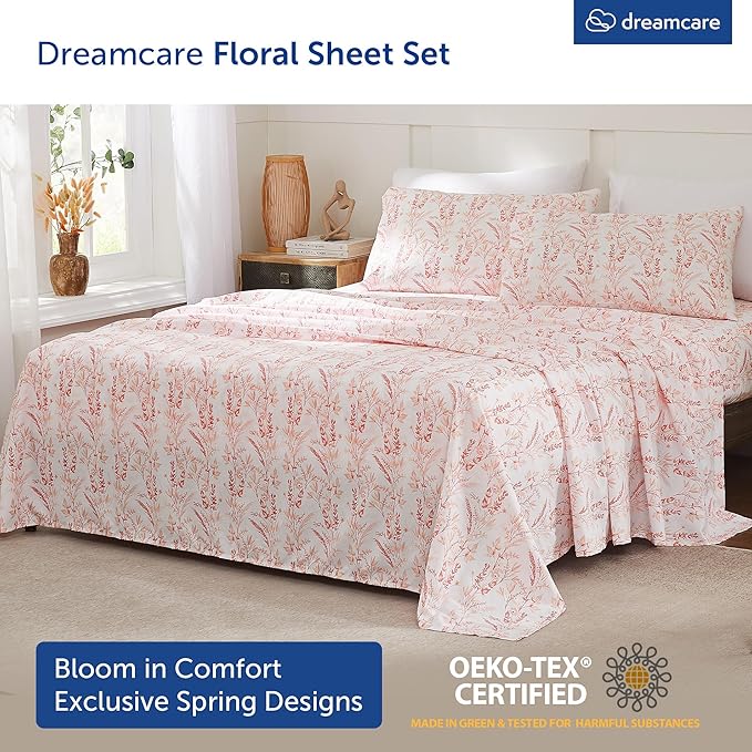DREAMCARE Queen Size Sheets - Floral Sheets Queen Size Bed Set - 4pcs Queen Sheet Set - Cooling Bed Sheets - Queen Size Sheet Sets - Soft & Long Lasting 100% Brushed Floral Bed Set - Floral Pink DREAMCARE