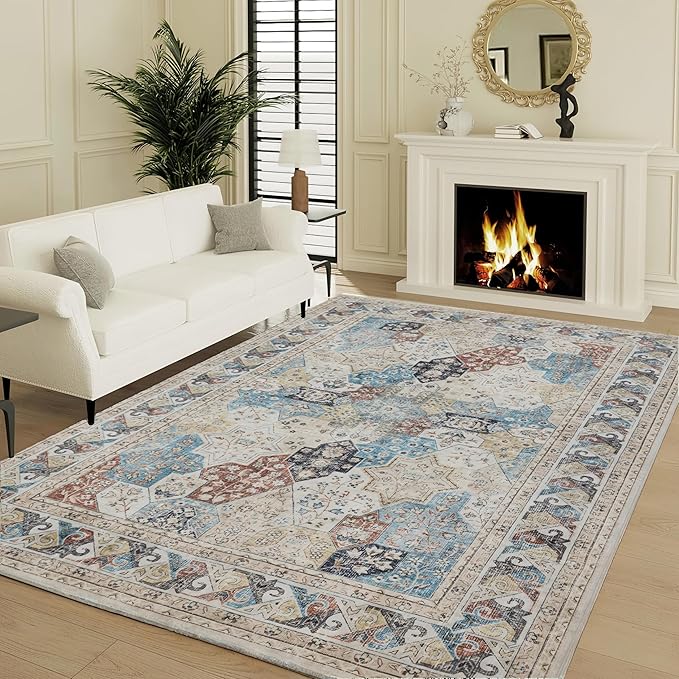 RCTJHOME 9'x12' Washable Area Rugs for Larger Living Room/Spacious Bedroom, Ultra Soft Non-Slip Accent Carpet, Dining Room,Larger Home Office, Low Pile Persian Rug Cream Beige Blue Colorful