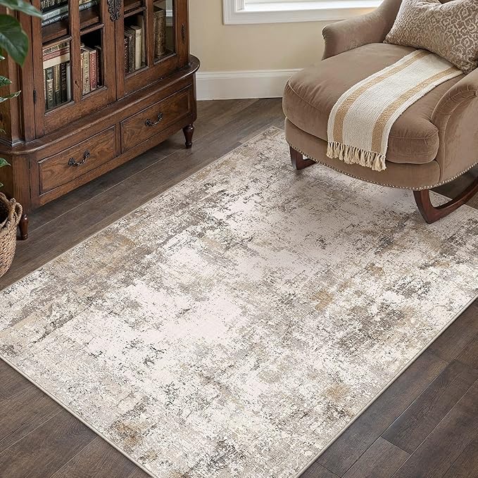 3x5 Washable Area Rug Brown Grey Abstract Entryway Office Throw Rug Neutral Modern Non Slip Soft Low Pile Small Carpet for Kitchen Living Room Bedroom Entrance