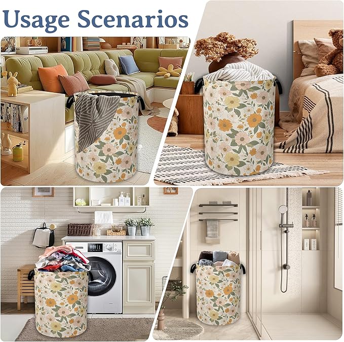 Retro Boho Groovy Flower Laundry Basket,Foldable Waterproof Oxford Cloth Tote Bag Laundry Hamper with Handles,20.8"x16" Clothes Storage Bucket Organizer for Laundry Room, Bathroom, Bedroom