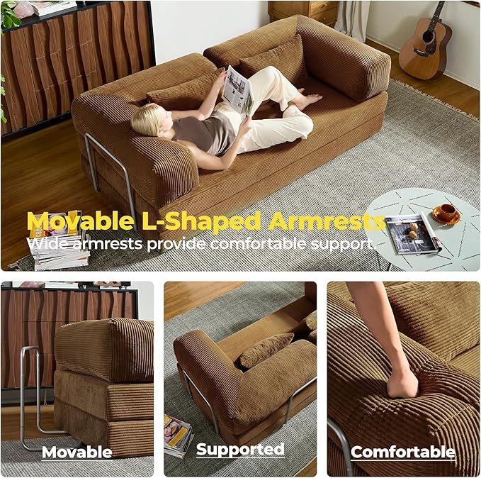 78 Inch Convertible Sofa Bed, Corduroy Boneless Couch with Fixed Frame and 4 Pillows, Modular Sectional Couch for Living Room Bedroom Studio Floor Bed Loveseat Sofa (Brown)