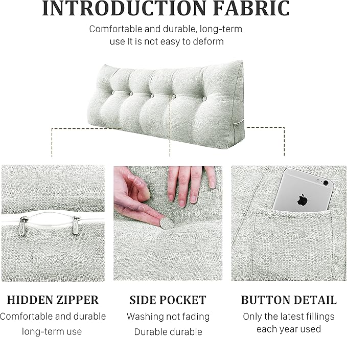 11 lbs Thickened Queen Headboard Pillow Wedge Pillow Headboard Reading Pillow Bed for Comfortable Backrest Reading Triangular Pillow with Side Pocket for Sitting in Bed Cotton Linen White