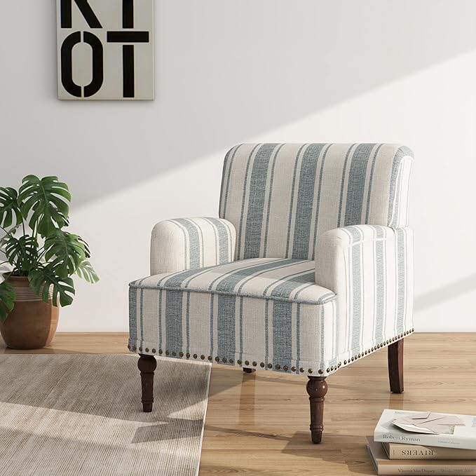 Accent Chair Set of 2, Mid Century Modern Comfy Armchair for Living Room, Linen Fabric Single Sofa Lounge for Reading Bedroom Apartment Waiting Room with Wood Legs-Blue Stripe