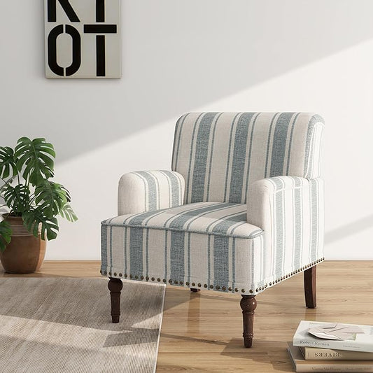 Accent Chair, Mid Century Modern Comfy Armchair for Living Room, Linen Fabric Single Sofa Lounge for Reading Bedroom Apartment Waiting Room with Wood Legs (Blue Stripe, Set of 1)