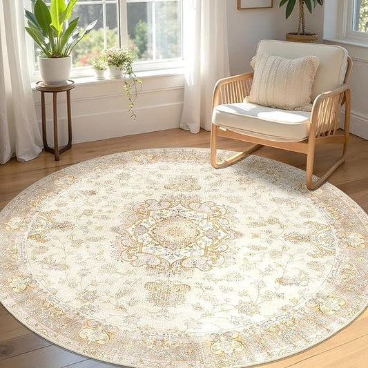 Boho Round Rug 5ft, Circle Area Rugs for Bedroom Living Room Bedside,Washable Vintage Bohemian Distressed Oriental Floral Carpet Non Slip,Retro Beige Floral