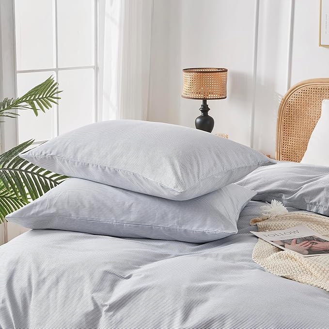 JELLYMONI 100% Natural Cotton 3pcs Striped Duvet Cover Sets,Blue Duvet Cover with Thin White Stripes Pattern Printed Comforter Cover,with Zipper Closure & Corner Ties(Queen Size)