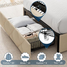 Twin Bed Frame with 4 Storage Drawers, Upholstered Platform Bed with Charging Station, Modern Wingback Storage Headboard, Easy Assembly,Noise-Free, Beige