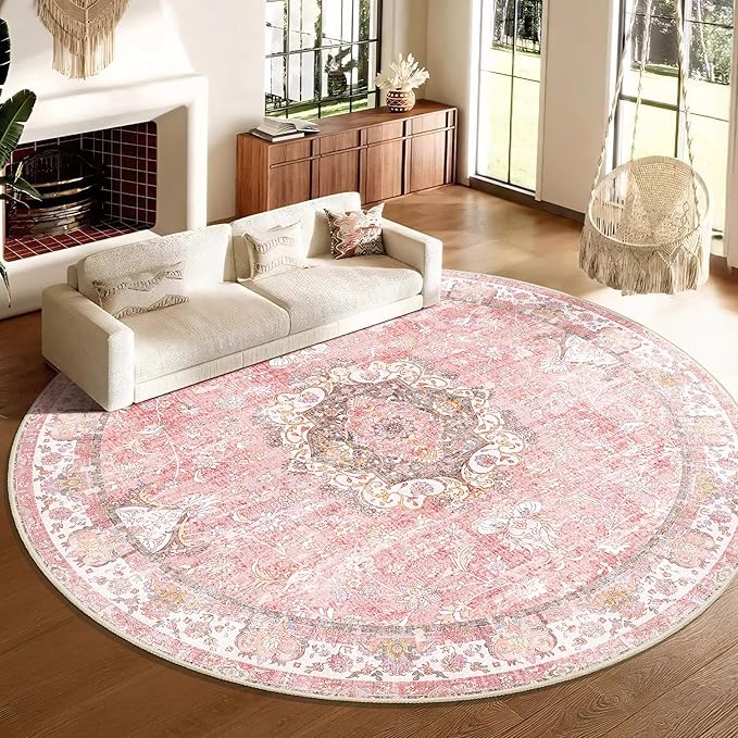 Large Pink Round Rug 9ft,Boho Circle Area Rugs for Bedroom Living Room,Washable Vintage Bohemian Distressed Oriental Floral Carpet Non Slip,Blush Floral Flowers