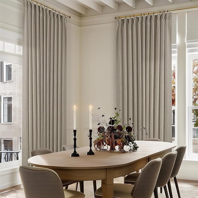 Pinch Pleat Linen Curtains 108 Inches Long 70 Inch Wide for Patio Sliding Door Light Filtering Semi Sheer Pleated Drapes Back Tab Burlywood Taupe Extra Wide 70 x 108 Curtain for Living Dining Room
