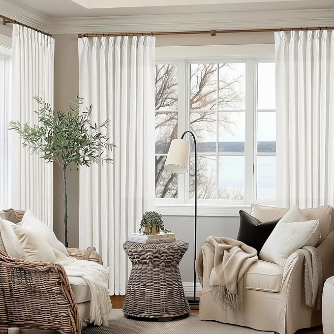 Beige White Pinch Pleated Linen Curtains 96 Inches Long 60 Inch Width Linen Blend Light Filtering Window Curtains 96 Inch for Living Room Bedroom Patio Pinch Pleat Drapes Hooks Rings 1 Panel 60Wx96L