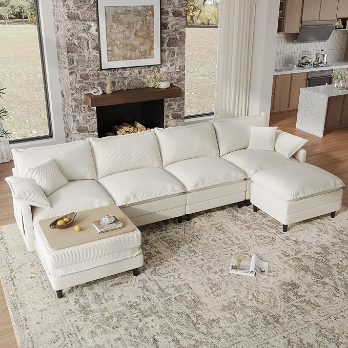 143" U Shaped Modular Sectional Cloud Couch with Two Ottoman, Snap-on Easy Installation 6-Piece Deep Seat Sofa with Storage Bag and Coffee Table for Living Room, Corduroy, Beige