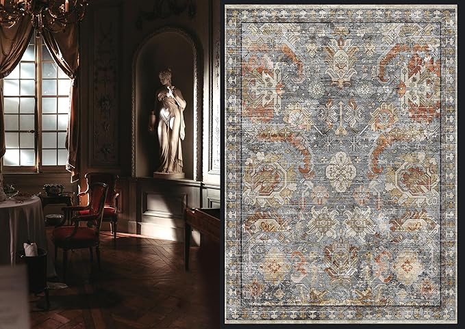 RUGSURE Washable Area Rugs - Perfect for Living Room, Bedroom, Kids Room, Nursery - Stain & Water Resistant Non-Slip, Pet & Child Friendly, Vintage Tribal Area Rugs (Turmeric and Grey, 3' x 5 ')