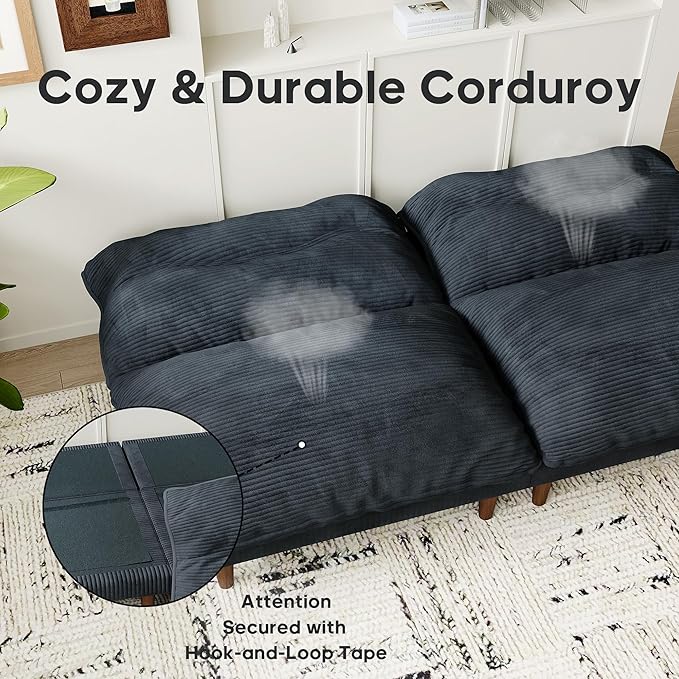 Futon Sofa Bed, 4 in 1 Multi-Functional Futon Couch with Adjustable Backrest, 75 inch Convertible Sleeper Sofa Bed and Recliner Lounge, Corduroy Loveseat for Living Room, Apartment, Black