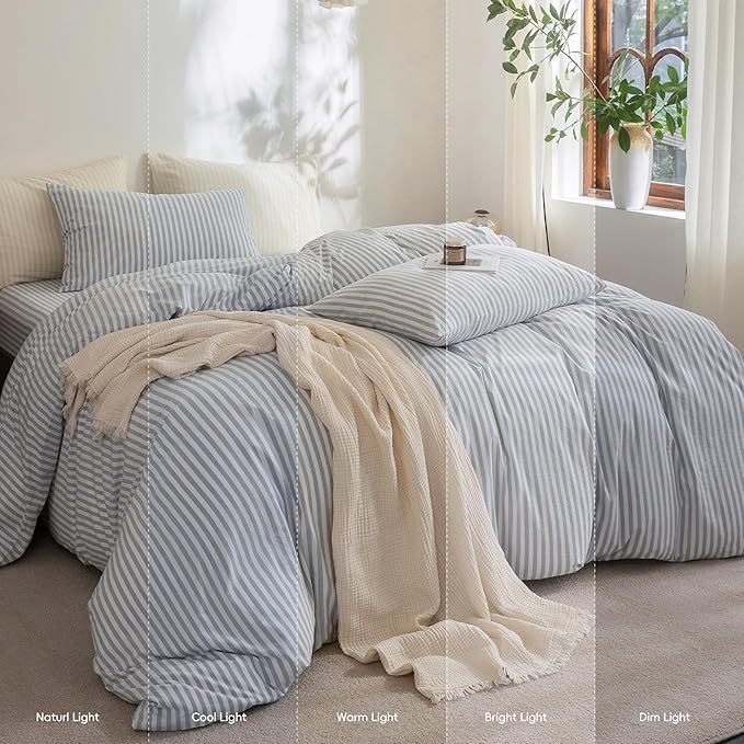 FOSSA Striped Duvet Cover Set 100% Washed Cotton Linen Feel Super Soft Breathable Cozy 3 Pieces Bedding Sets Cornflower Blue White Classic Stripes King
