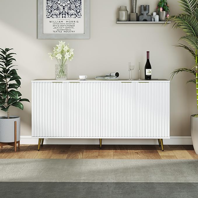 COCO DESIGN 61" Buffet Sideboard with Fluted Panel Doors, Power Outlet & Adjustable Shelves, Storage Cabinet with Metal Legs, Modern Farmhouse Console for Kitchen Dining Living Room Entryway, White