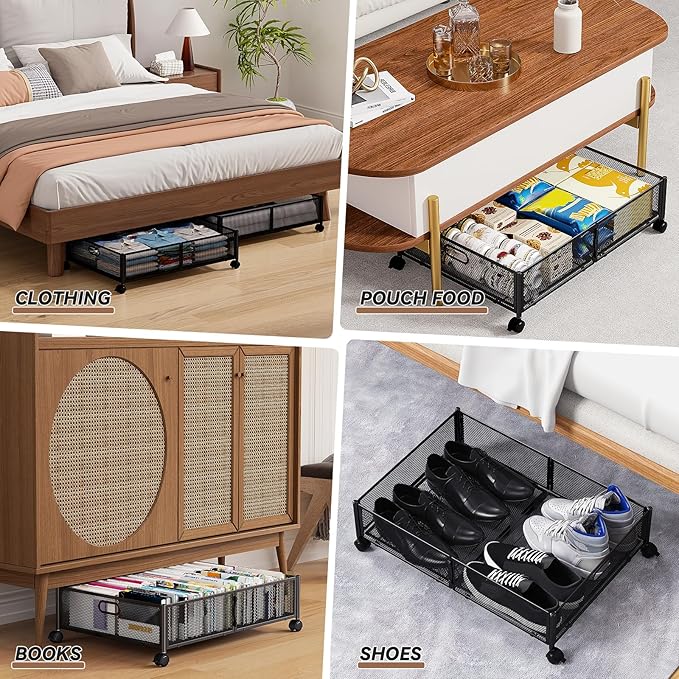 PHINOX Under Bed Storage with wheels, Under the Bed Storage Containers,Upgrade Crossed Iron Wire, Metal Rolling Underbed Storage Containers for Bedroom Clothes Shoes Blankets-2 Pack,Black