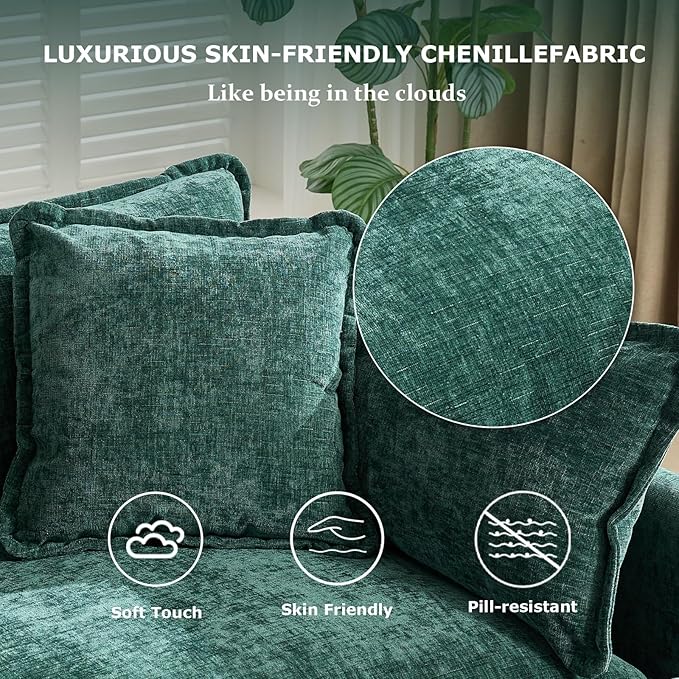 SoarFlash Chenille 77.95" Sectional Sofa, Comfy L Shaped Modular Coush Sofa with Ottoman, Modern 2 Seat Couch Deep Seat Sofa Set for Living Room,Green