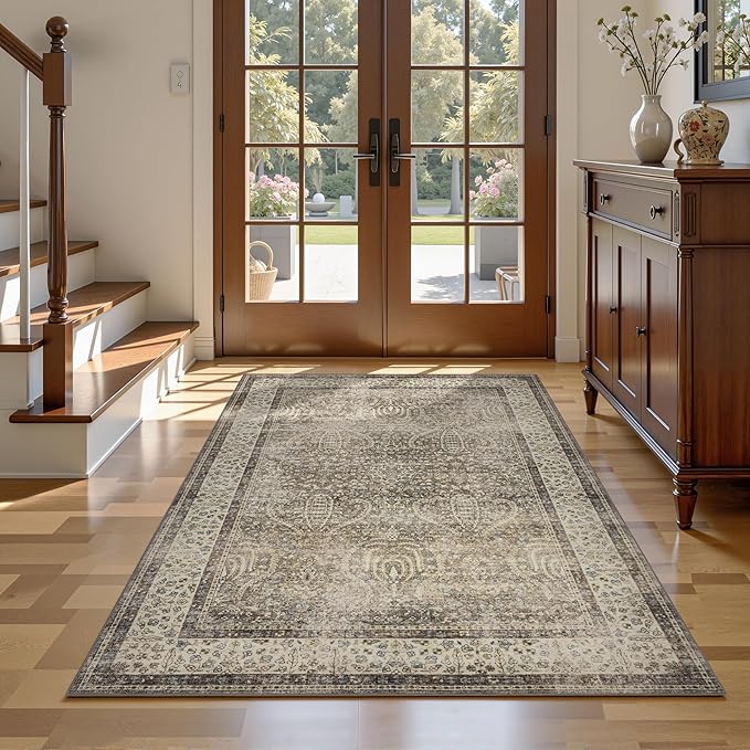 RCTJHOME 4'x6' Washable Area Rugs for Hallway, Non Slip Dining Room Rugs, Soft Low Pile Entryway Indoor Mat, Moroccan Accent Carpet for Kitchen, Living Room and Bedside, Retro Golden Brown Multi