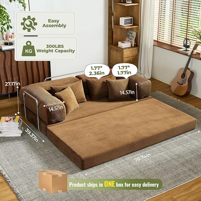 78 Inch Convertible Sofa Bed, Corduroy Boneless Couch with Fixed Frame and 4 Pillows, Modular Sectional Couch for Living Room Bedroom Studio Floor Bed Loveseat Sofa (Brown)