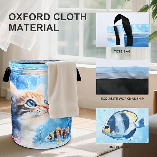 Cute Cat Laundry Basket Foldable Oxford Cloth Tote Bag Laundry Hamper Clothes Storage Bucket Organizer For Bathroom/Laundry Storage/Bedroom 19.6x15.7 Inch