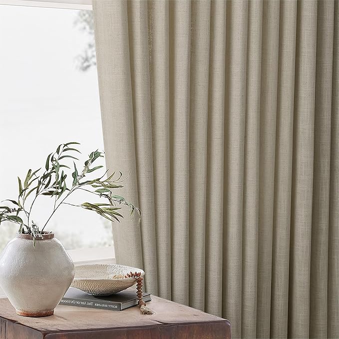 Thick Linen Khaki Taupe Curtains 96 Inches Long for Living Room Bedroon Pinch Pleated Drapes with Hooks Rings Back Tab Light Filtering Burlap Farmhouse Ceiling Custom Made Memory Trained Curtain