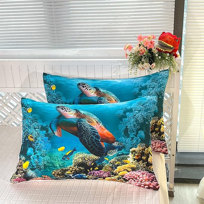 CVHOUSE Sea Turtle Bedding Set,Sea Turtle Comforter Full,Ocean Beach Comforter Set for Boys Kids Girls,Ocean Quilt Set with 1 Comforter and 2 Pillow Cases