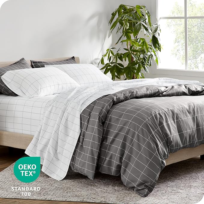 Bare Home Duvet Cover - Oversized Queen Size Bedding Set - Premium 1800 Super Soft Collection - Lightweight, Cooling - Soft Breathable Duvet Cover (Oversized Queen, Grid - Grey/White)