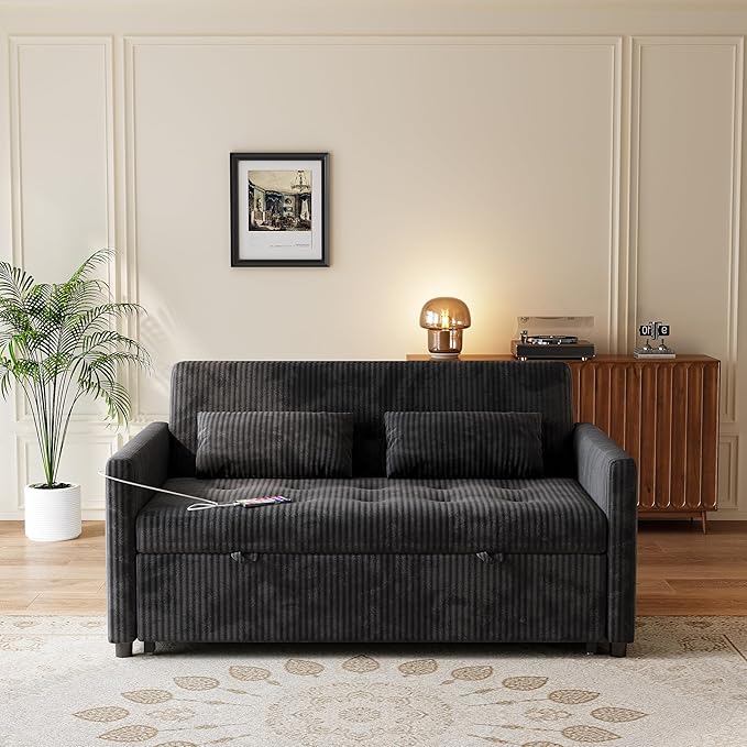 Sofa Bed, Loveseat 3-in-1 Sleeper Sofa with Pull Out Bed, Pockets and USB, Modern 2 Seater Convertible Small Couch for Living Room Bedroom Apartment (Black, Corduroy)