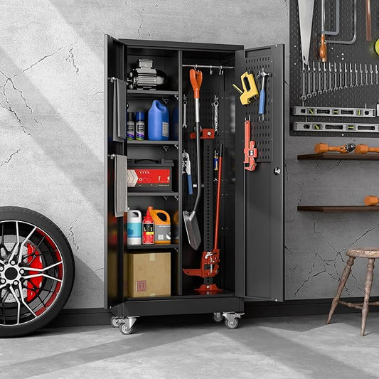 Broom Closet Storage Cabinet with Wheels and Pegboard,Garage Storage Cabinet with Lockable and Magnetic Doors,Adjustable Shelves for Garage Home Office,Required Assembly,17.7"D*33.5"W*70.87"H
