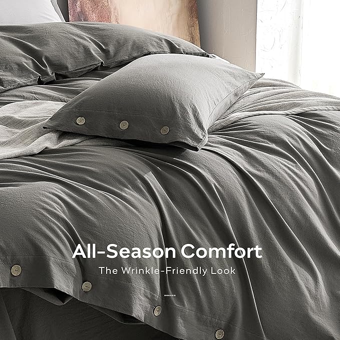 JELLYMONI 100% Washed Cotton Duvet Cover Queen – Soft, Breathable Linen-Look Bedding with Natural Wrinkle Texture, Button Closure, 3-Piece Set (Dark Grey, 90"x90")